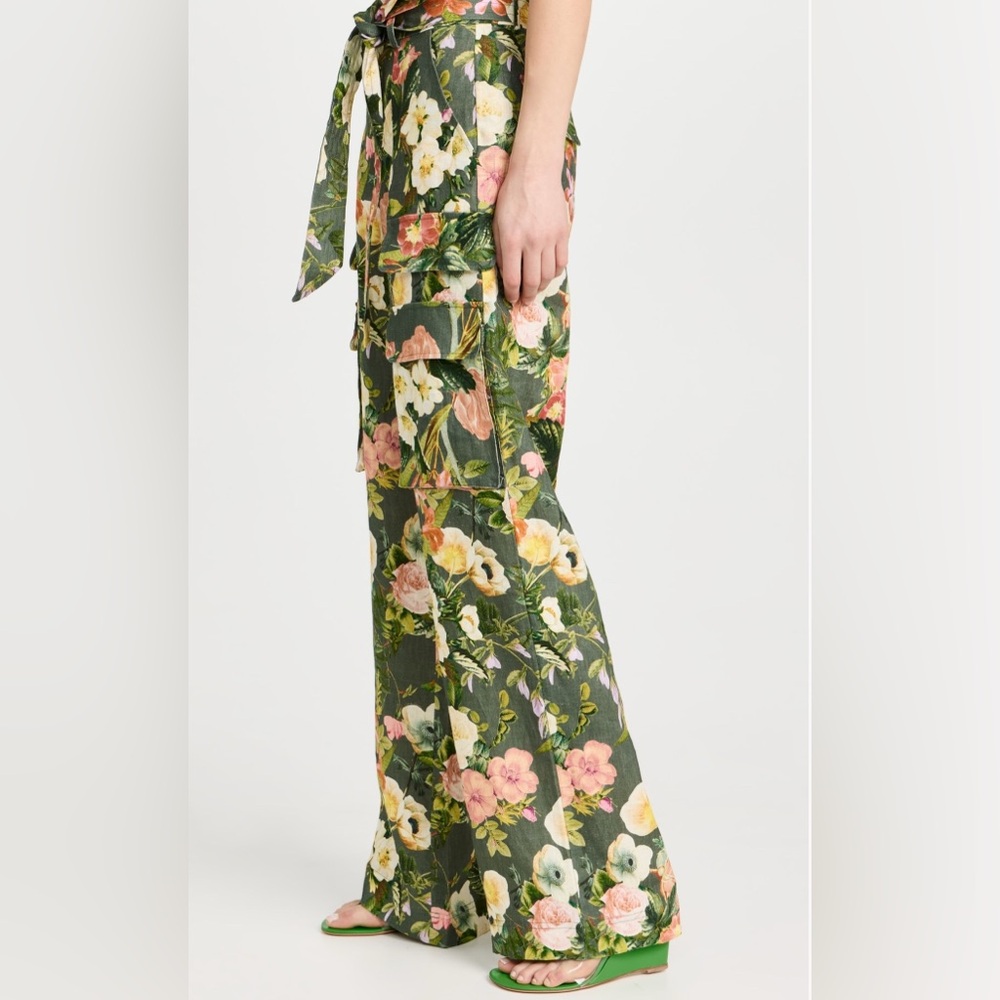 Cara Cara Women’s Green & Florals Ginny Linen Belted Cargo Pants Sz Large NWT